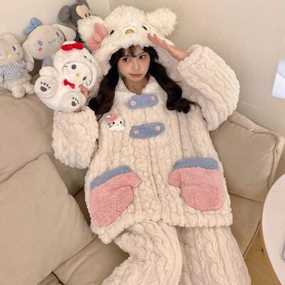 。连帽可爱KT猫三层夹棉睡衣女款珊瑚绒冬季加绒加厚家居服超厚套
