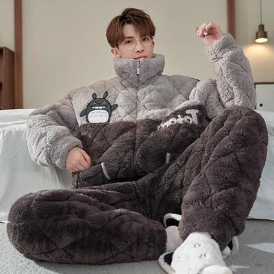 。三层夹棉睡衣男款冬季加厚加绒珊瑚绒大码青少年法兰绒冬天家居