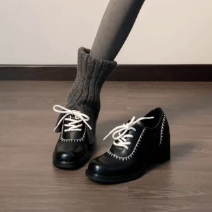 百搭通勤深口圆头学院风乐福鞋 牛皮版 复古英伦风系带粗跟小皮鞋