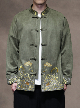 中国风秋冬刺绣休闲休闲唐装外套男士宽松大码圆领中山装夹克茶服