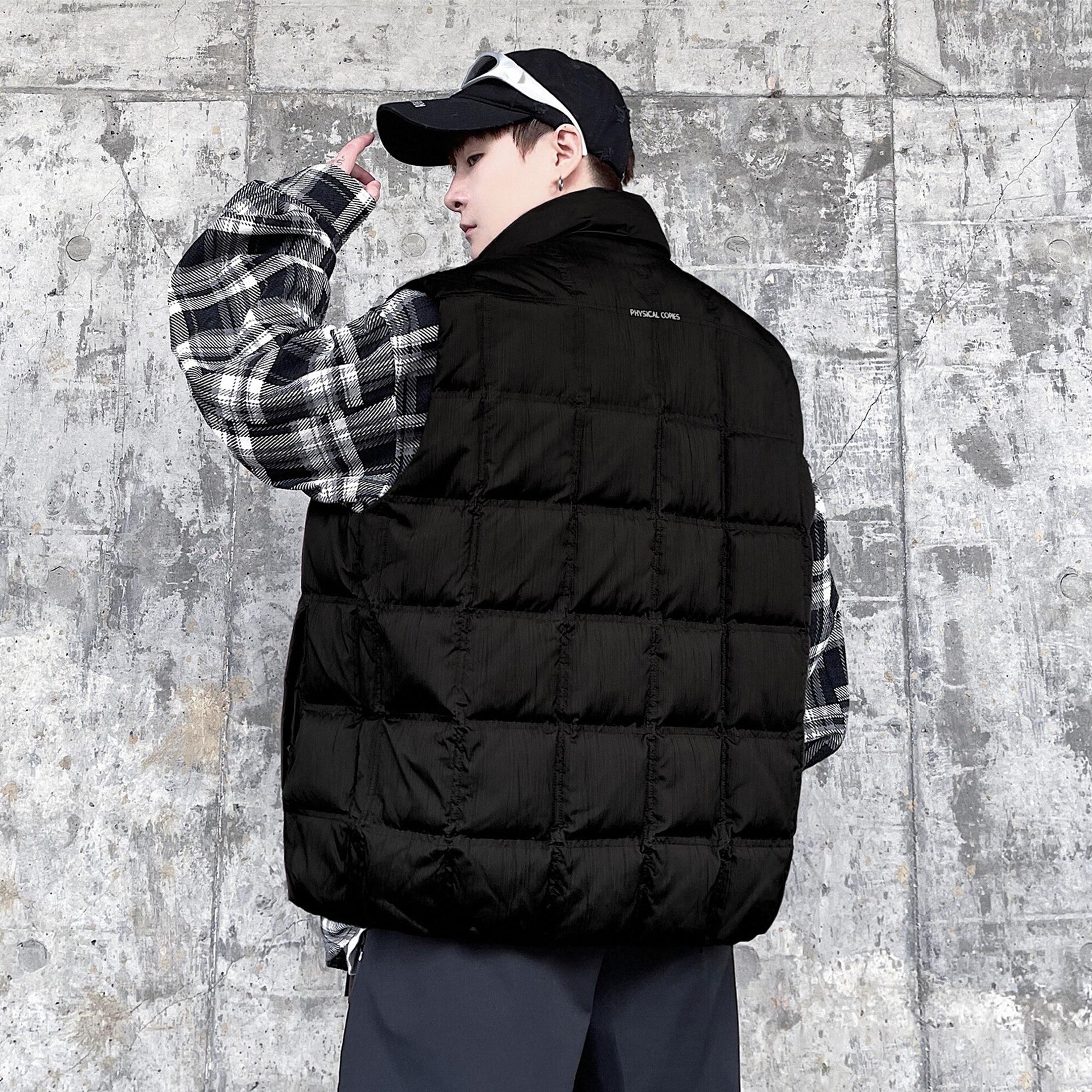 美式潮胖子黑色立领羽绒马甲男户外穿廓形加肥加大码办公坎肩外套