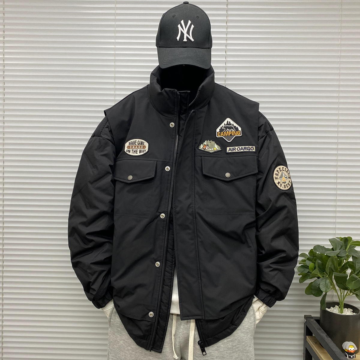 90白鸭绒假两件工装羽绒衣服男士冬季装大码青少年无帽立领外套潮