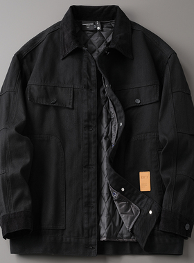 牛仔外套男黑色可拆卸加棉秋冬新款加绒加厚棉衣宽松大码夹克