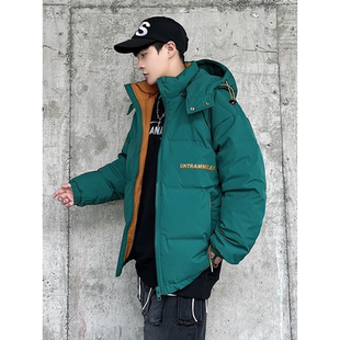 可拆卸帽绿色面包羽绒服男大码加肥加大青少年学生加厚拼色外套潮