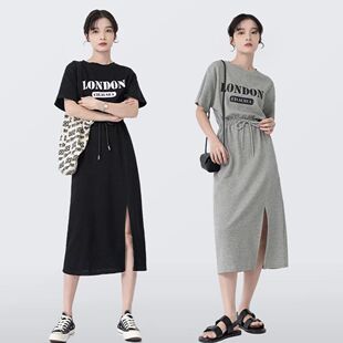 夏季 休闲连衣裙微胖mm收腰开叉抽绳显瘦遮肉气质设计过膝裙子