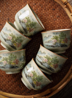 只瓷青绿茶杯景德镇老陶泥开片可养品茗杯手工主人杯功夫茶具单杯