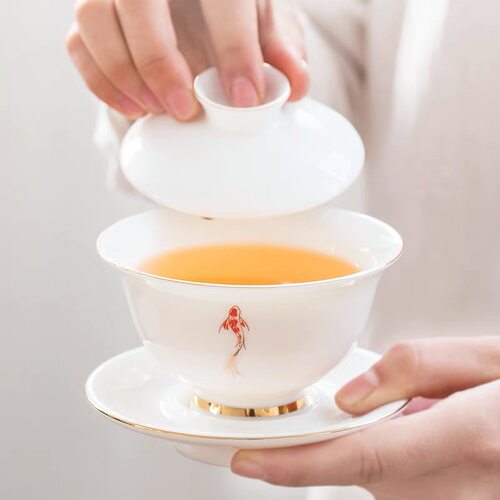 羊脂玉三才盖碗陶瓷家用办公年年有鱼泡茶器德化白瓷单个三才茶碗