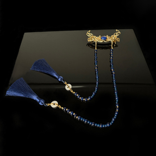 后压长流苏束发国风弹簧夹 马面裙配饰汉服战国袍墨蓝色