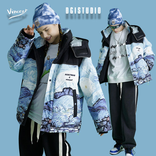 【梵高星月夜联名】新款外套90白鸭绒羽绒服潮牌男女情侣款L