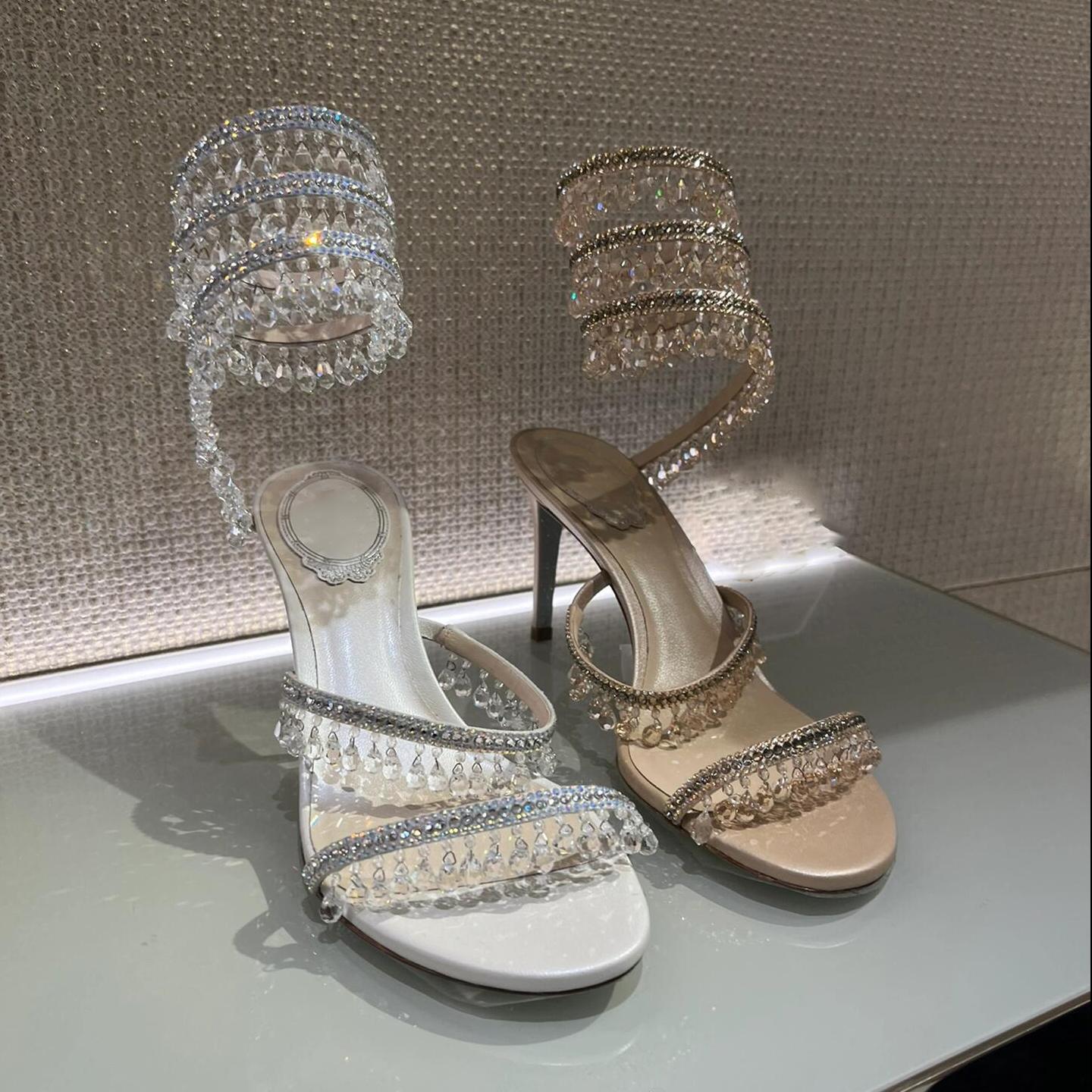蛇形缠绕水钻绝美白色细高跟凉鞋