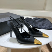 名媛细跟金色后空包头凉鞋 杨树林金属尖头字母高跟鞋 女2025年新款