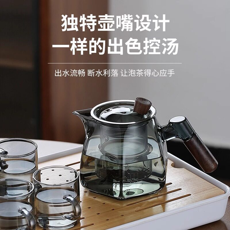 耐高温玻璃泡茶壶新款六角木把玻璃煮茶壶高硼硅侧把玻璃茶壶茶具