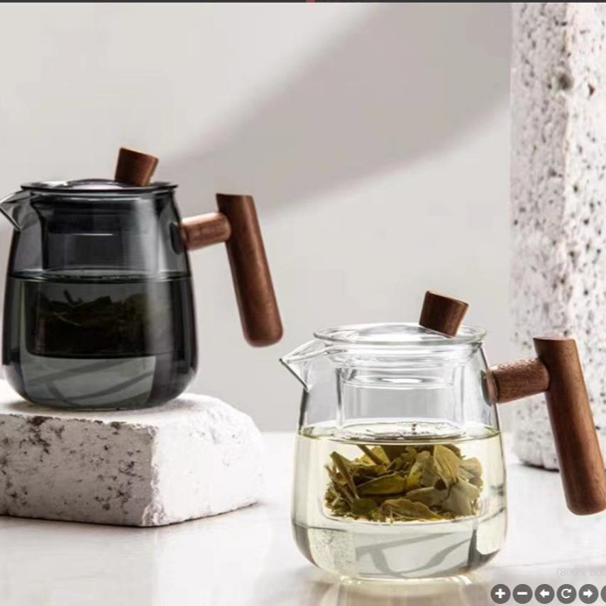 A日式烟榭泡茶壶玻璃茶壶电陶炉煮茶器耐高温木柄侧把壶花草壶