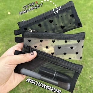 新款植绒ins爱心网纱mini收纳包化妆包 口红包随身便携女迷你出游