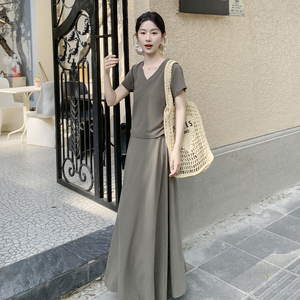 QIAOMI设计感高腰显瘦系带半身裙V领短袖T恤韩版休闲套装女两件套