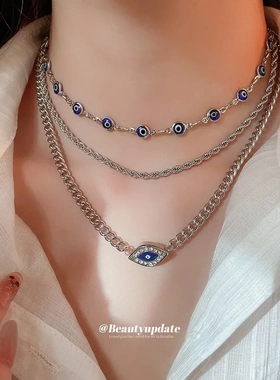 镶钻滴油眼睛吊坠时尚项链三件套法式宫廷风锁骨链轻奢高级感颈链