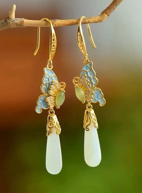 中国风2025水滴耳环女银针新中式国风复古珐琅彩蝴蝶元素耳饰耳坠