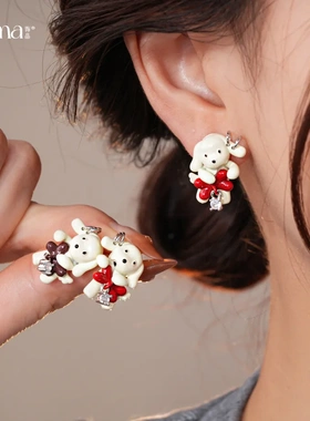 银针可爱卡通锆石滴油蝴蝶结小狗耳环轻奢高级感耳钉时尚精致耳饰