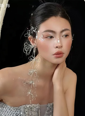 法式新娘耳环复古金属不对称铁丝编织耳饰高级感婚纱礼服摄影饰品