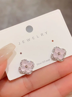 S925银针简约时尚锆石四叶花耳钉小众轻奢网红耳环2025新款潮耳饰
