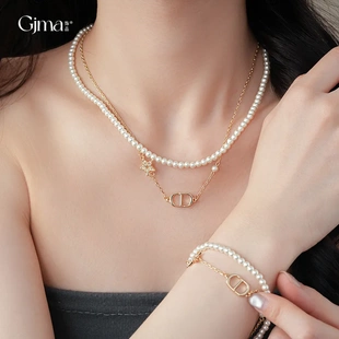 韩版镶钻字母CD珍珠项链2025新款双层叠戴设计手链轻奢高级感手饰