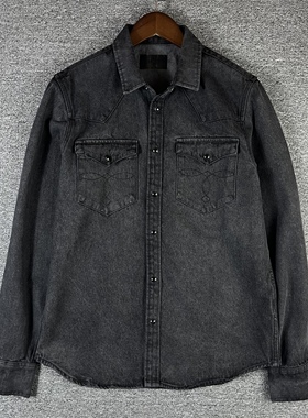 经典款牛仔衬衫男士复古水洗做旧磨白黑灰色长袖衬衣