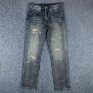 男士 RRL 复古乞丐装 美式 12oz泥黄色水洗做旧破洞泼墨直筒牛仔裤