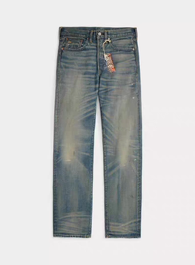 RRL男士直筒剪裁油漆泼墨复古做旧牛仔裤 黄泥色口袋刺绣