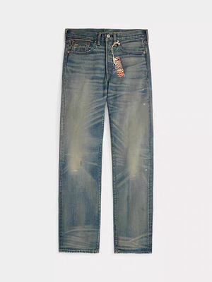 RRL男士直筒剪裁油漆泼墨复古做旧牛仔裤 黄泥色口袋刺绣