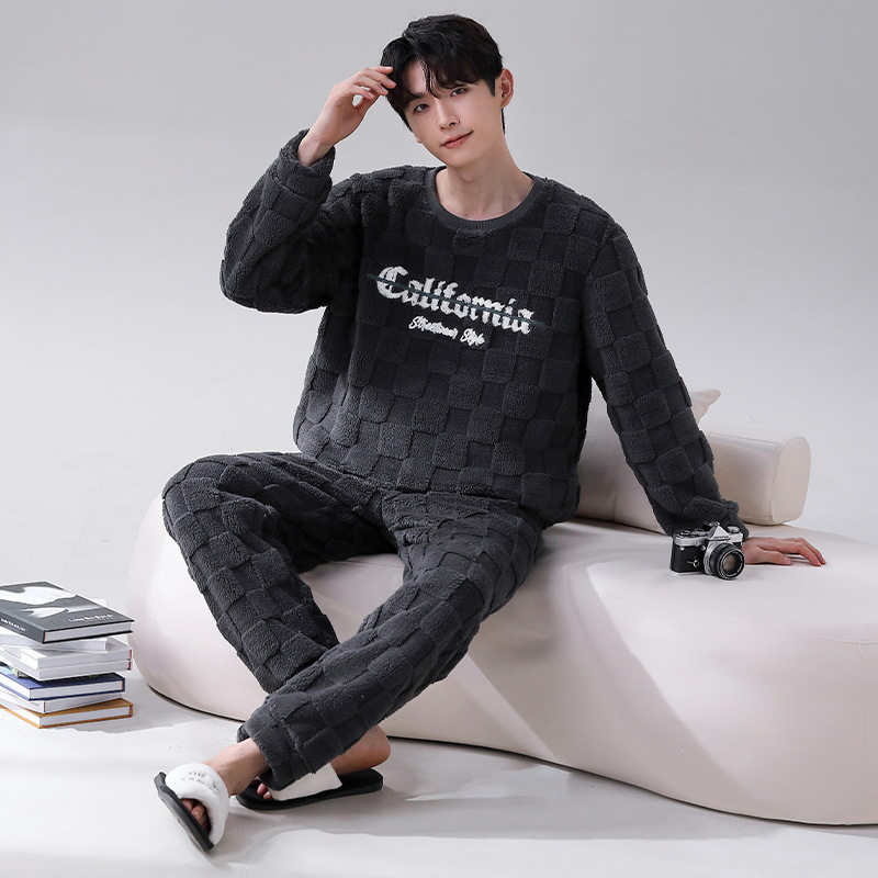 秋冬季新款睡衣男加绒加厚冬天可外穿长袖圆领男士大码家居服套装
