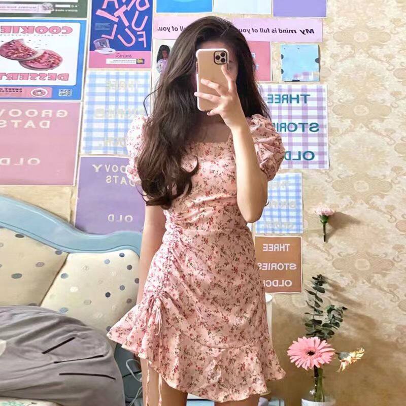 夏装大码女碎花胖mm甜美方领收腰显瘦仙女连衣裙M 4XL200斤