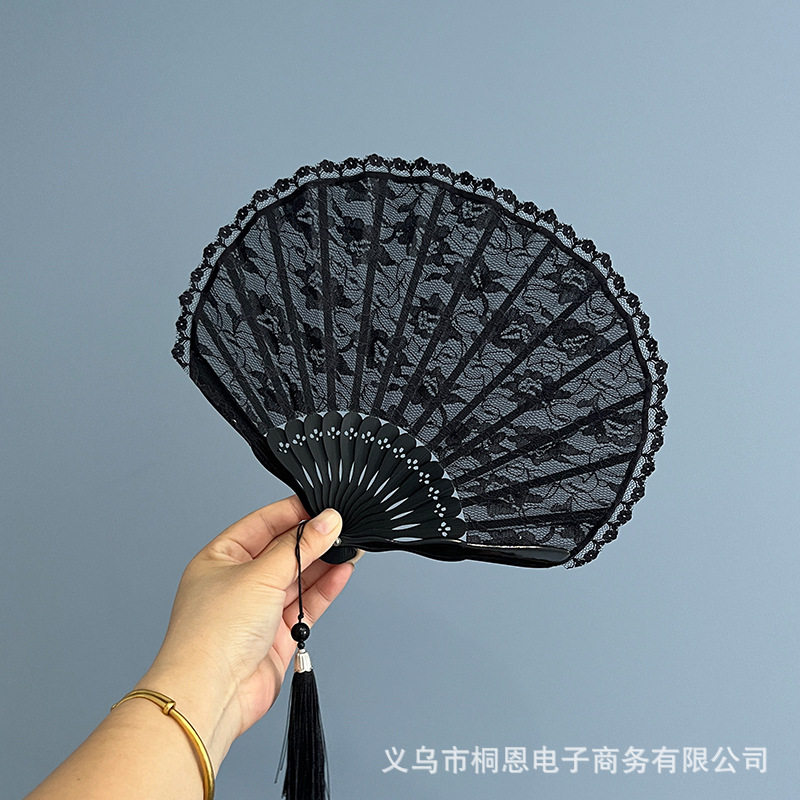 新中式古典风扇旗袍丝绸复合黑色蕾丝贝壳扇欧美风礼品舞蹈折扇子