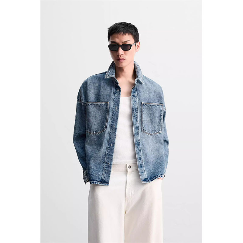 翻领宽松棉水洗牛仔休闲衬衫外套