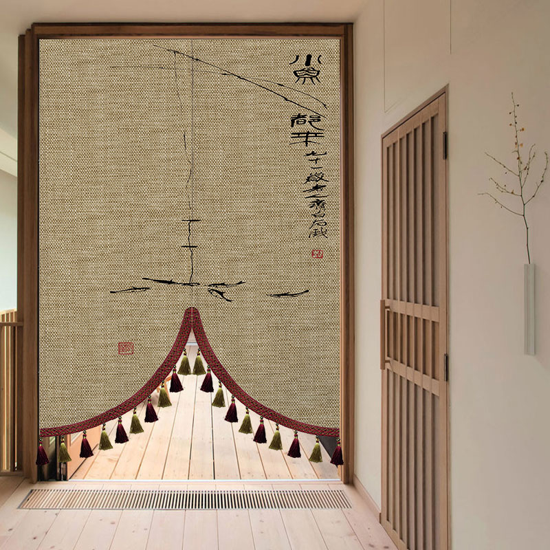 门帘布艺免打孔卧室餐厅厨房中式挂帘隔断帘简约水墨茶室布帘流苏