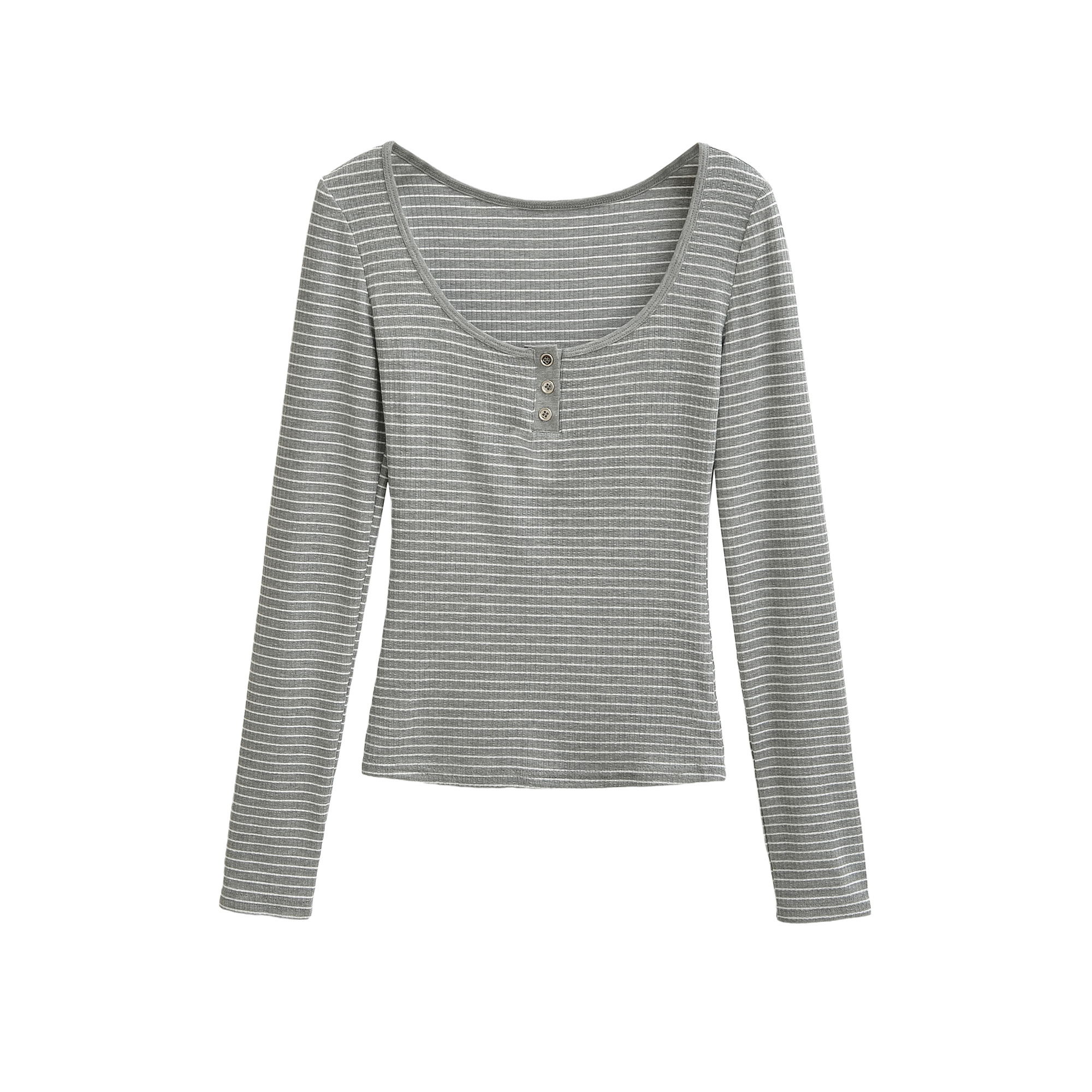 性感收腰显瘦U领条纹长袖T恤女