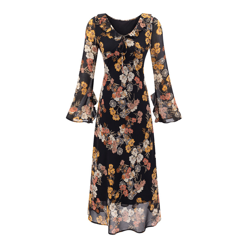 包邮法式复古收腰显瘦喇叭袖碎花连衣裙女设计感系带V领度假长裙,女装/女士精品,连衣裙,淘宝优惠券,粉丝福利购,淘宝优惠卷