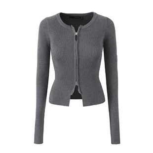 包邮美式复古简约双开头拉链弹力修身圆领针织衫开衫辣妹短款上衣