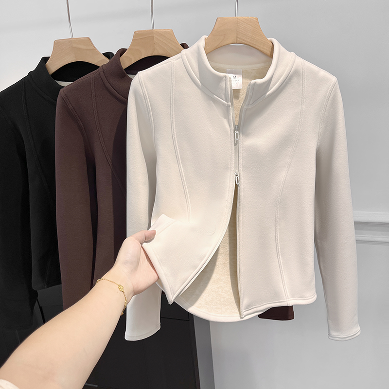 加绒立领运动拉链外套女短款夹克