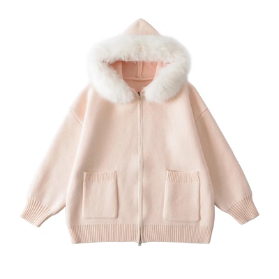 宽松百搭连帽带毛领拉链毛衣外套