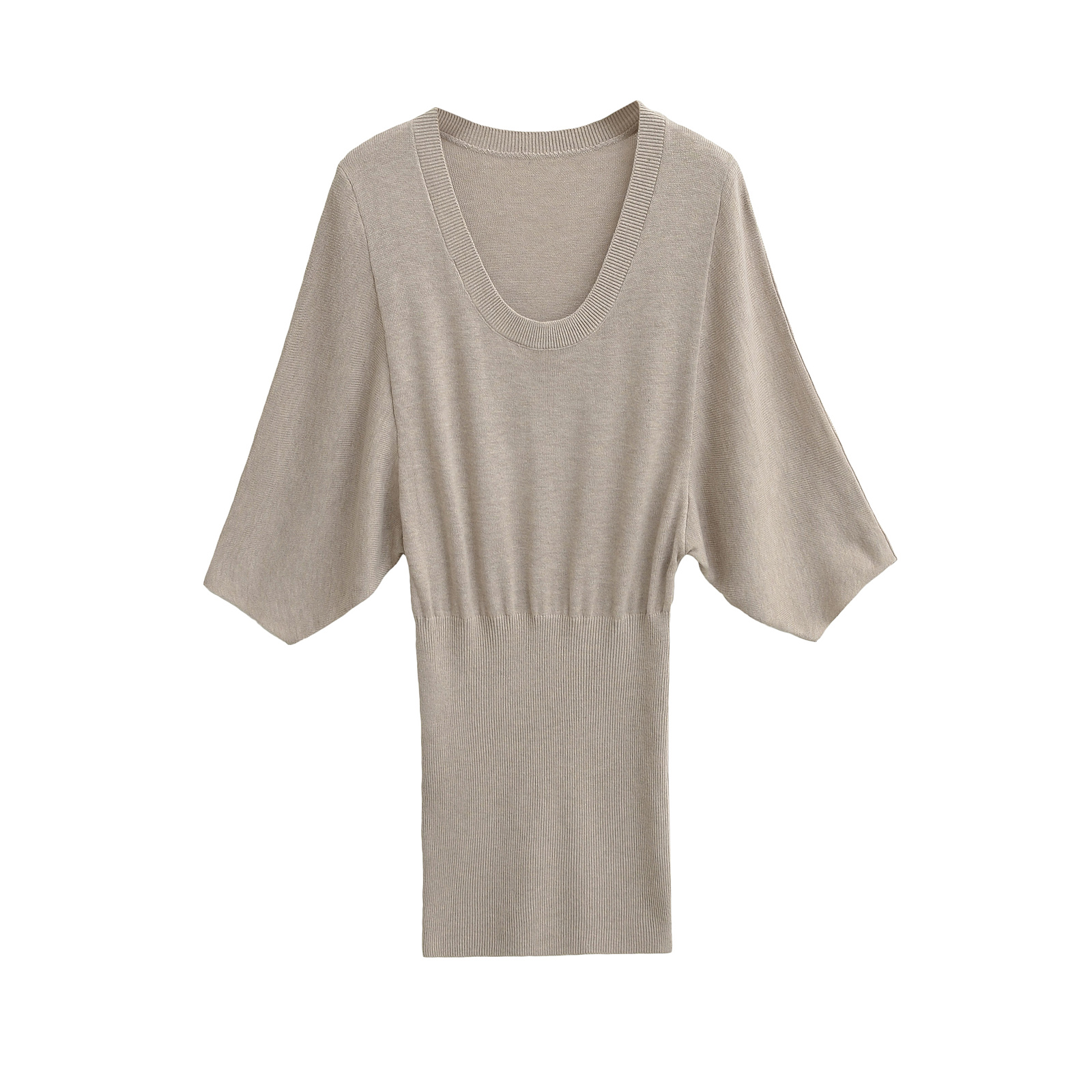 包邮美式辣妹性感U领七分袖针织连衣裙女设计感蝙蝠袖包臀短裙