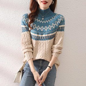 半高领拼色毛衣女2023秋冬新款宽松套头复古慵懒针织打底衫上衣