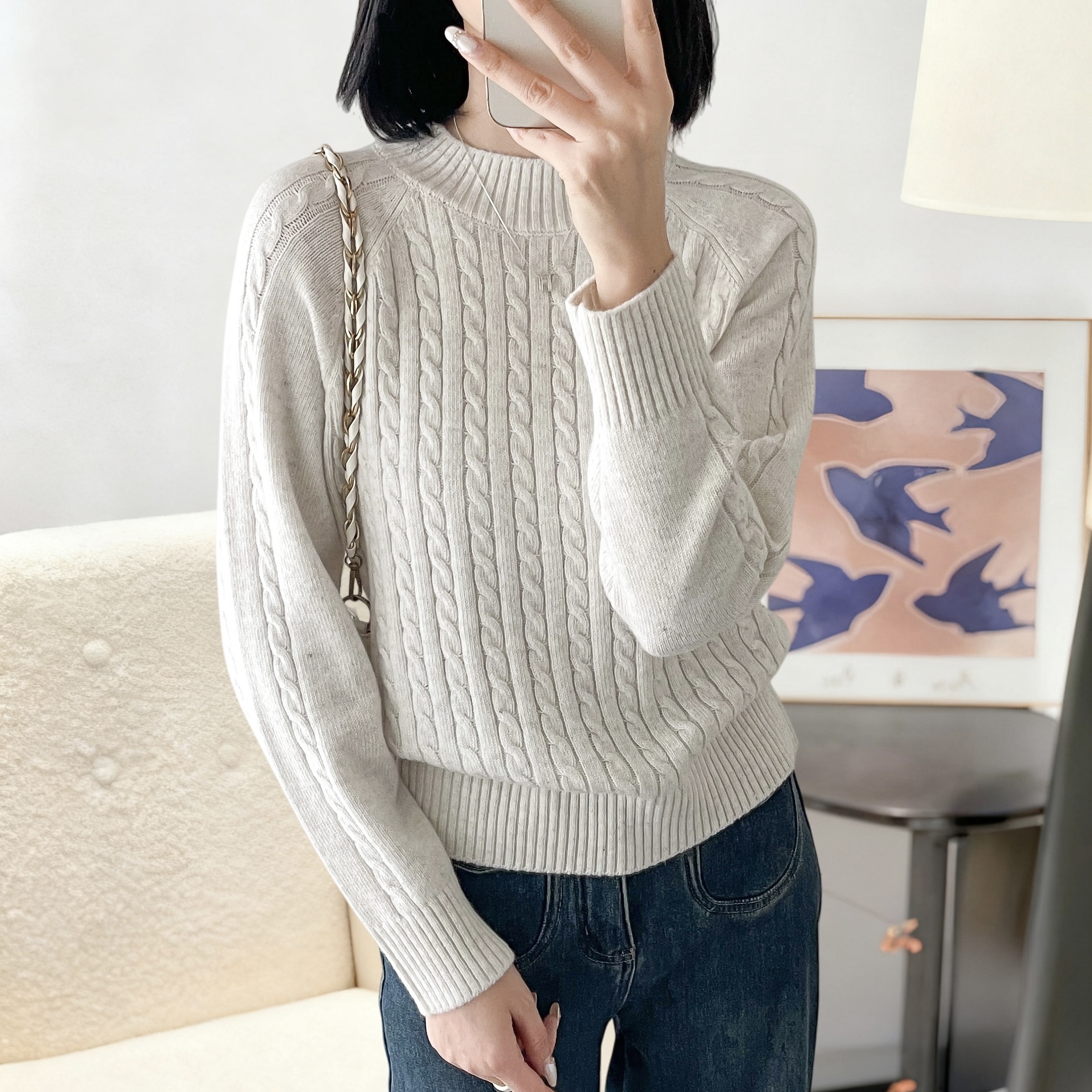 麻花半高领宽松毛衣女秋冬打底衫