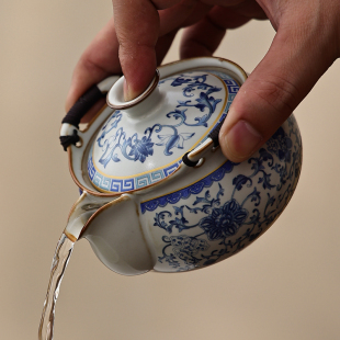 汝窑手抓壶单个家用泡茶盖碗缠枝莲青花珐琅彩高档杯陶瓷功夫茶具