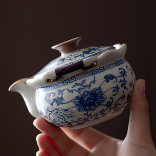 汝窑缠枝莲青花手抓壶单壶泡茶宝瓶防烫大号茶壶盖碗陶瓷复古茶具