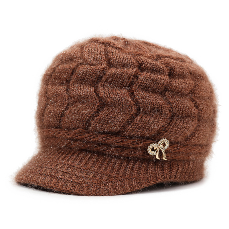 秋冬季女帽新款加厚毛线帽带沿鸭舌中老年女帽妈妈帽子冬季套头帽