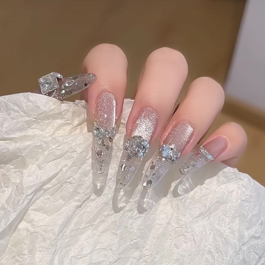 橘指大方穿戴甲手工长款闪钻定制