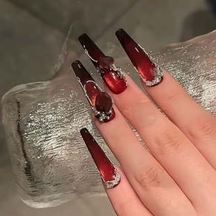 高级手工秋冬穿戴甲长款梯形丝带红色猫眼闪钻假指甲显白成品美甲