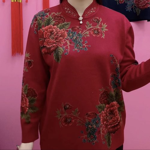 中式风过年红针织牡丹长袖上衣女