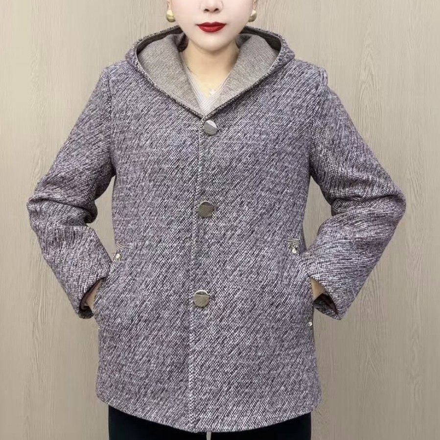 春秋外套女新款连帽毛呢纯色中老年妈妈装中长款显瘦百搭气质大衣,女装/女士精品,短外套,淘宝优惠券,粉丝福利购,淘宝优惠卷