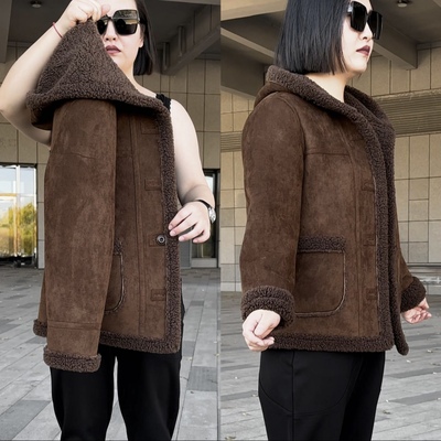 网红皮毛一体连帽仿羊羔毛棉服潮